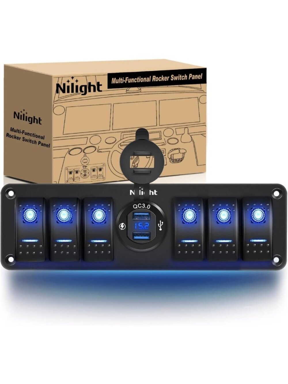6 Gang Rocker Switch Panel with USB Charger & Voltmeter - Waterproof, Night